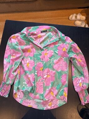 SHEIN Pink & Green Floral Button-Up Blouse